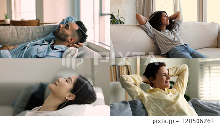Serene people relaxing at home, multiple collage close up view 120506761