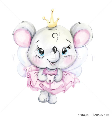 Watercolor tooth fairy. Cartoon dental princess mouse. Medical kids illustration for print, textile, design and decoration Watercolor tooth fairy. Cartoon dental princess mouse. Medical kids illustration for print, textile, design and decoration 120507656