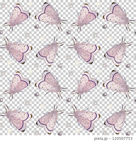 Pink moths and pearls seamless pattern isolated on white. High quality hand painted watercolor illustration. Butterfly clip art for wrapping paper, scrapbook, textile, cloths, background, card design 120507753