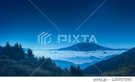 霧のような雲に包まれた富士山の幻想的な画像 120507893