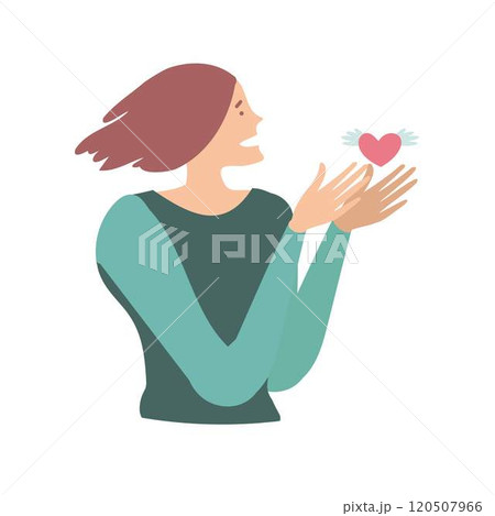 A woman with hands releasing a small heart with wings, A woman with hands releasing a small heart with wings, 120507966