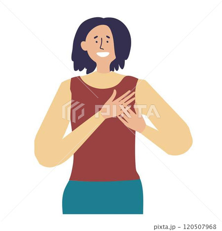 A young woman holds her heart expressing gratitude and appreciation or feeling in love 120507968