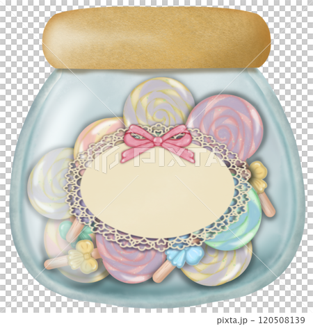 Assorted lollipop candies in a Glass jar for decorative , party setting. hand drawn cartoon style. 120508139