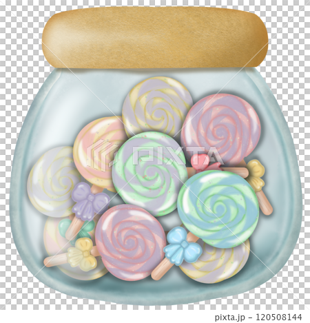 Assorted lollipop candies in a Glass jar for decorative , party setting. hand drawn cartoon style. Assorted lollipop candies in a Glass jar for decorative , party setting. hand drawn cartoon style. 120508144