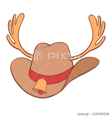 Christmas cowboy hat with gold reindeer antlers, bell and red hatband hand drawn illustration Christmas cowboy hat with gold reindeer antlers, bell and red hatband hand drawn illustration 120508168