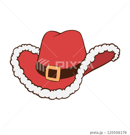 Red Christmas cowboy hat with Santa cap white fur trim and black belt hand drawn illustration Red Christmas cowboy hat with Santa cap white fur trim and black belt hand drawn illustration 120508176