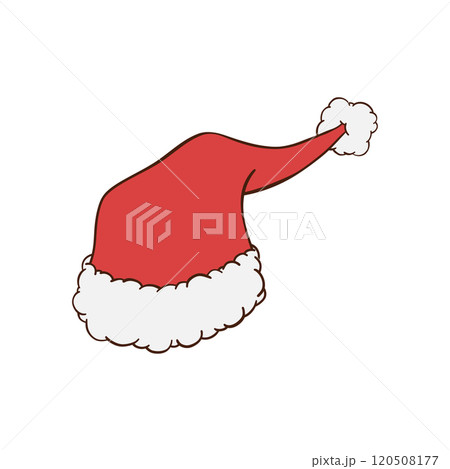 Red Christmas hat with white fluffy fur trim and pom pom hand drawn illustration Red Christmas hat with white fluffy fur trim and pom pom hand drawn illustration 120508177