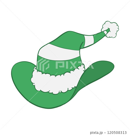 Green and white striped Christmas cowboy pointed elf hat with white fur trim and pompom hand drawn illustration Green and white striped Christmas cowboy pointed elf hat with white fur trim and pompom hand drawn illustration 120508313
