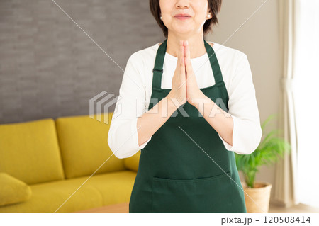 家のリビングでお願い事をするエプロン姿のミドル女性の主婦 家のリビングでお願い事をするエプロン姿のミドル女性の主婦 120508414