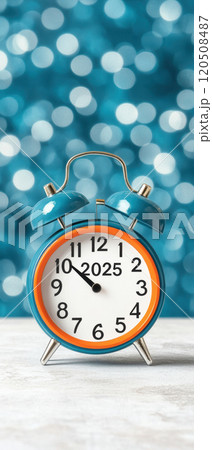 Blue alarm clock showing time for New Year 2025 celebration with vibrant bokeh background, creating festive atmosphere for welcoming new year 120508487