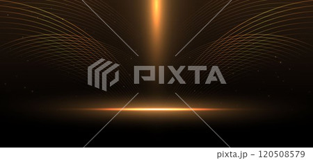 Abstract elegant gold glowing curved lines with lighting effect sparkle on black background. 120508579