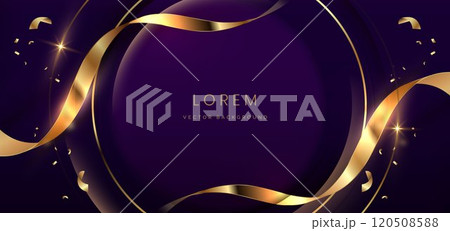 Luxury purple background. Golden confetti banner and ribbon background. 120508588