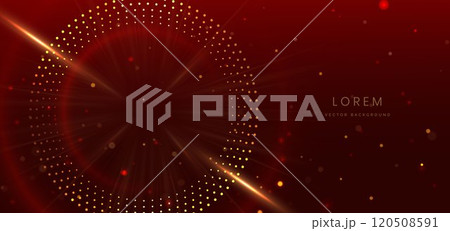 Abstract elegant glowing golden circles lines on dark red with dot lighting effect. 120508591