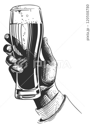 Beer glass in hand engraving. Pub menu illustration Beer glass in hand engraving. Pub menu illustration 120508780