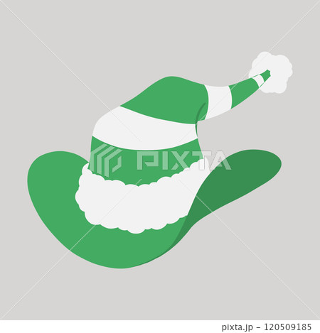 Green and white striped Christmas cowboy elf hat with fur trim and pompom hand drawn flat design illustration 120509185