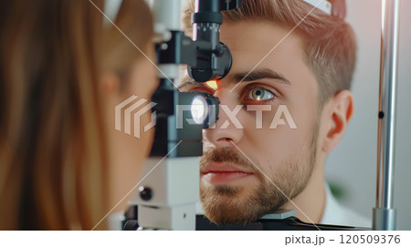 Handsome man getting an eye exam at ophthalmology clinic. 120509376