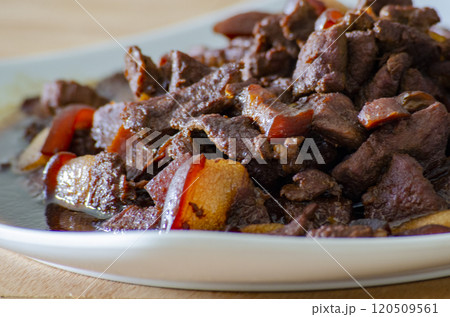 Side view of pork cooked in soy sauce with customizable space for text. Asian food concept 120509561