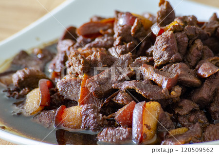 Delicious pork cooked in soy sauce with customizable space for text. Asian food concept 120509562