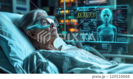 An elderly woman interacts with a holographic control monitor. The concept highlights modern healthcare technology for senior patients. Generative AI. 120510088