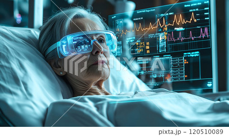 An elderly woman interacts with a holographic control monitor. The concept highlights modern healthcare technology for senior patients. Generative AI. 120510089