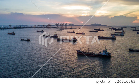 Aerial view industrial oil and gas tanker ship transportation logistic oil and gas refinery, Industrial oil and gas tanker ship global business logistic transportation refinery. 120510363