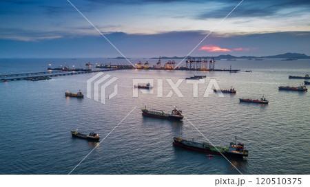 Aerial view oil and gas tanker ship industrial transportation logistic oil and gas refinery, Oil and gas tanker ship industrial global business freight logistic transportation refinery by tanker ship. 120510375