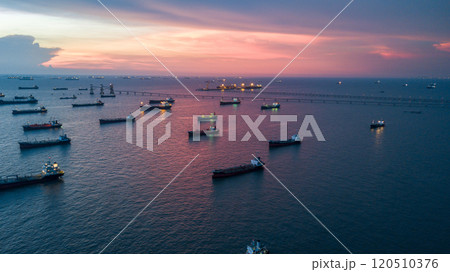 Aerial view oil and gas tanker ship industrial transportation logistic oil and gas refinery, Oil and gas tanker ship industrial global business freight logistic transportation refinery by tanker ship. 120510376