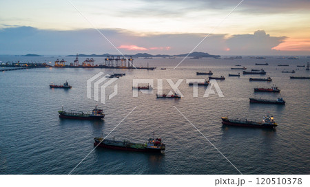 Aerial view oil and gas tanker ship industrial transportation logistic oil and gas refinery, Oil and gas tanker ship industrial global business freight logistic transportation refinery by tanker ship. 120510378