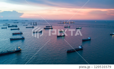 Aerial view oil and gas tanker ship industrial transportation logistic oil and gas refinery, Oil and gas tanker ship industrial global business freight logistic transportation refinery by tanker ship. 120510379