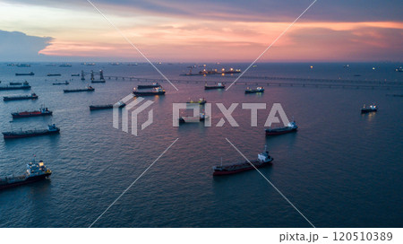 Aerial view oil and gas tanker ship industrial transportation logistic oil and gas refinery, Oil and gas tanker ship industrial global business freight logistic transportation refinery by tanker ship. 120510389