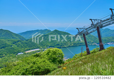 春の榛名山ロープウェイの榛名富士山頂駅から南西側の榛名湖と天目山方面を見る 120510482
