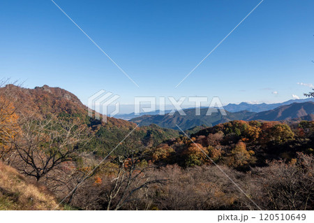 秋の妙義山 中之嶽駐車場より見る金鶏山 秋の妙義山 中之嶽駐車場より見る金鶏山 120510649