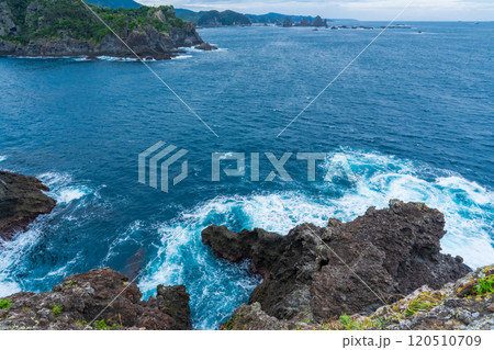 伊豆半島 石廊崎から望む波立つ岩場 伊豆半島 石廊崎から望む波立つ岩場 120510709