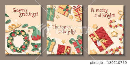 Set of Christmas greeting cards with gift boxes, wreath and stars in a flat cartoon style. Vector illustration for poster, banner, invitation, etc. 120510780