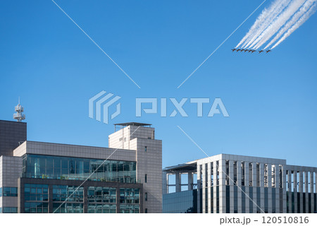 Korea Air Force Black Eagles aerobatic team performs for Arms Forces Day over downtown Seoul, South Korea 120510816