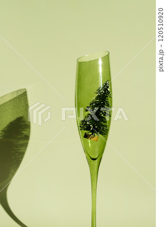 Green champagne glass with miniature Christmas tree inside. Green champagne glass with miniature Christmas tree inside. 120510920