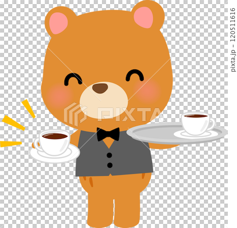コーヒーを差し出すクマのウェイターのイラスト素材 [120511616