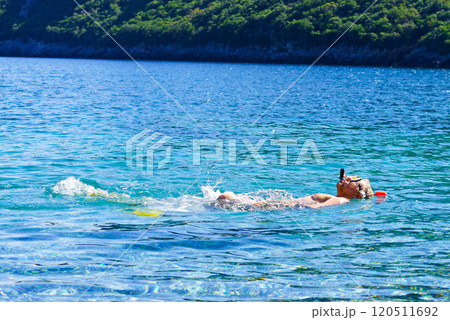 Man with snorkeling tube in sea Man with snorkeling tube in sea 120511692