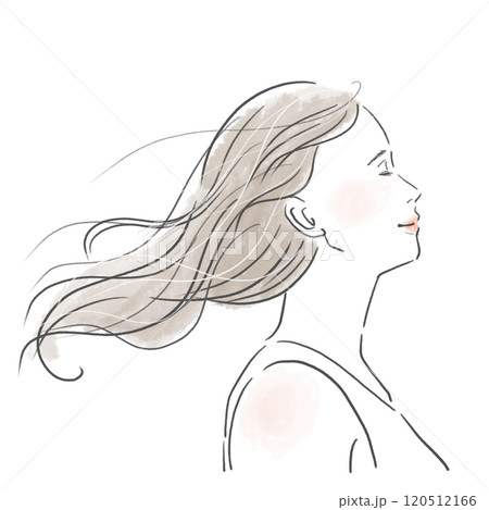 風に髪をたなびかせているロングヘアの若い女性 風に髪をたなびかせているロングヘアの若い女性 120512166
