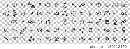 A vector illustration set of hand-drawn decorative illustrations. Hand-drawn, focused lines, attention, stars, hearts, fruits, ribbons 120512170