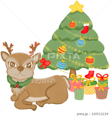 Cute cartoon reindeer resting under a decorated Christmas tree. 120512229