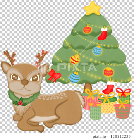 Cute cartoon reindeer resting under a decorated Christmas tree. 120512229