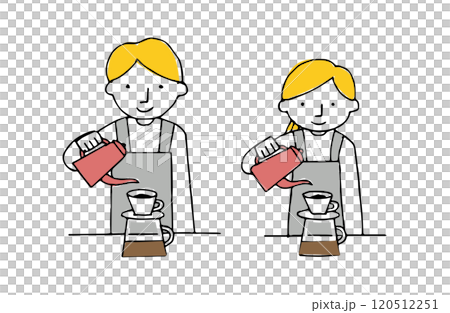 Male and female cafe staff brewing coffee at a cafe 120512251