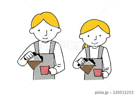 カフェでカップにコーヒーをそそぐ店員男女 120512253