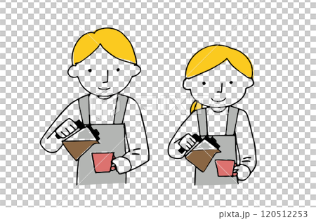 Male and female waiters pouring coffee into cups at a cafe 120512253