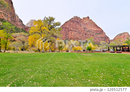 ザイオン国立公園 ザイオンロッジから大岩壁の眺め 120512577