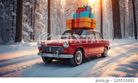 A Festive Vintage Car Driving Through a Stunning Snowy Forest Filled with Presents 120512691