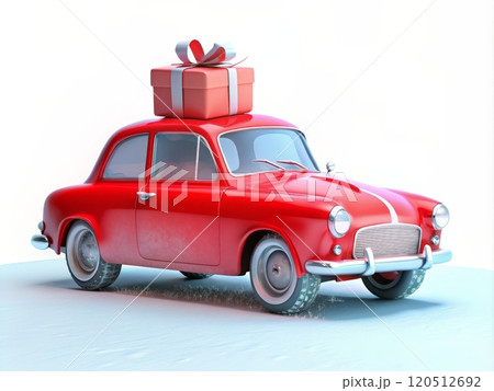 A vintage red car full of gifts on the roof 120512692