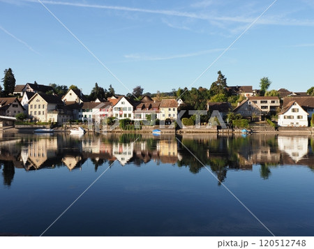 Houses at Rhine River in European STEIN AM RHEIN town in SWITZERLAND 120512748