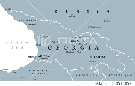 Georgia with capital Tbilisi, gray political map. Country in Eastern Europe and West Asia, part of Caucasus region. With autonomous republics Abkhazia and Adjara, and independent region South Ossetia. Georgia with capital Tbilisi, gray political map. Country in Eastern Europe and West Asia, part of Caucasus region. With autonomous republics Abkhazia and Adjara, and independent region South Ossetia. 120512857